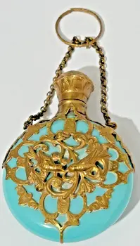 Antique gilt duck egg blue glass love birds perfume scent bottle Victorian