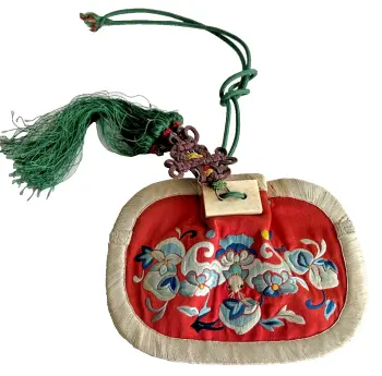 Antique Chinese Embroidered red silk purse butterfly stone toggle green tassel