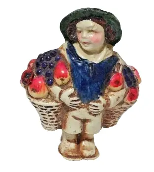 Antique novelty Celluloid tape measure boy Baskets of fruit with ladybird