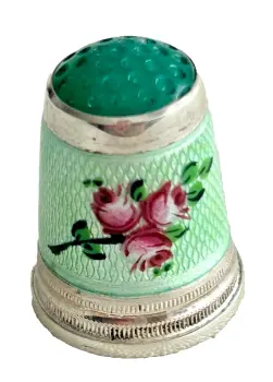 Antique sterling silver enamel German Thimble pink roses glass top