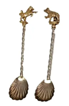 Antique sterling silver gilded bear & Bull salt spoons crown stamp