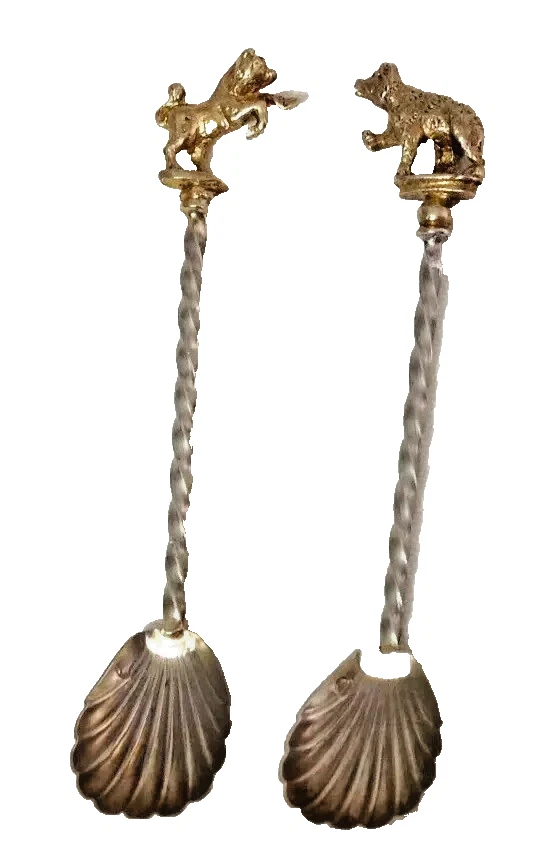Antique sterling silver gilded bear & Bull salt spoons crown stamp