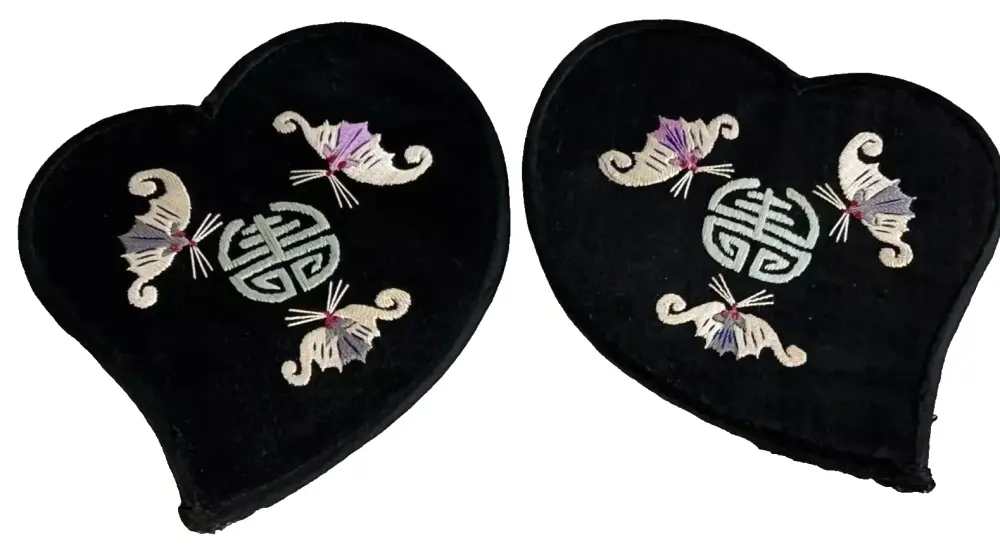 Antique Chinese Embroidered ear warmers bats lucky symbols black