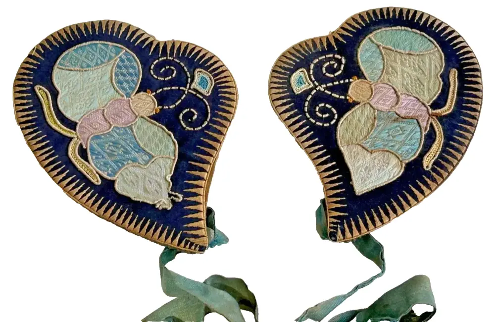 Antique Chinese Embroidered ear warmers Butterfly Butterflies
