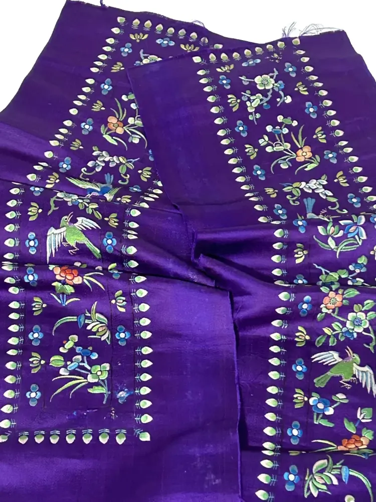 Antique Chinese Embroidered pair of purple silk sleeves panels flowers bird