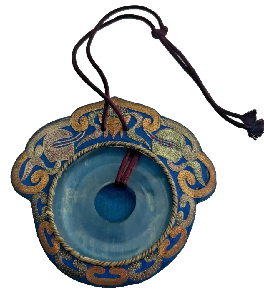 Antique qing dynasty embroidered crystal Bi amulet purse blind stitch