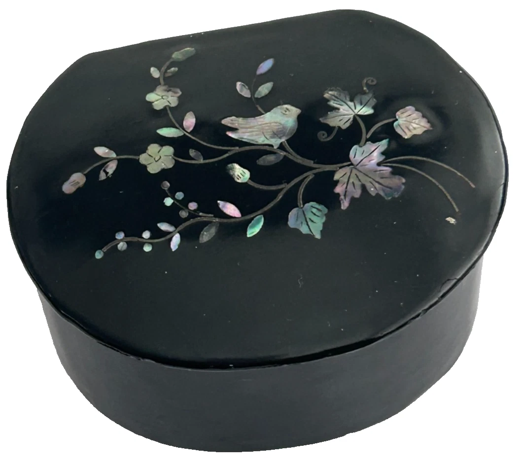 Antique Victorian Papier Mache Snuff Box mother of pearl inlay birds