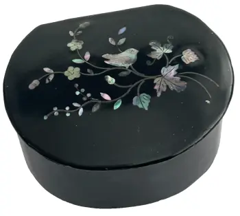 Antique Victorian Papier Mache Snuff Box mother of pearl inlay birds