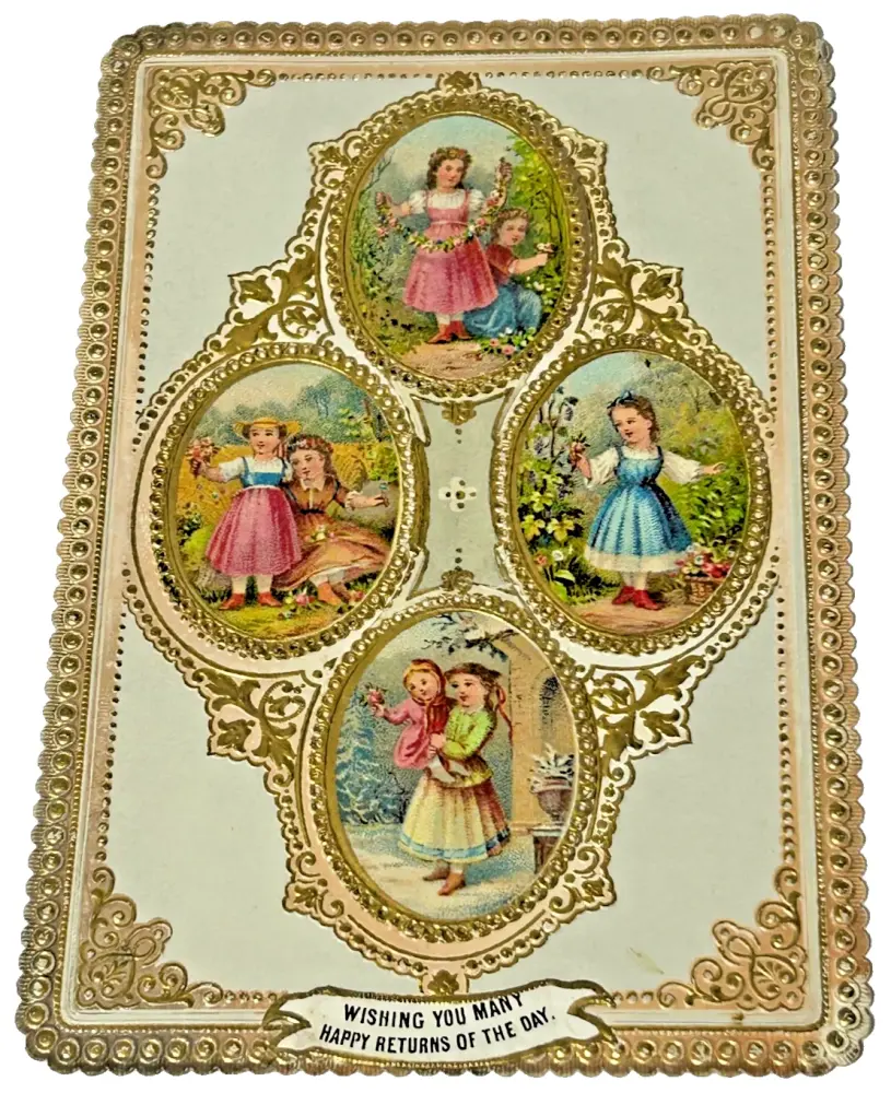 A Victorian Embossed Antique Victorian Paper Lace Birthday Card C1872