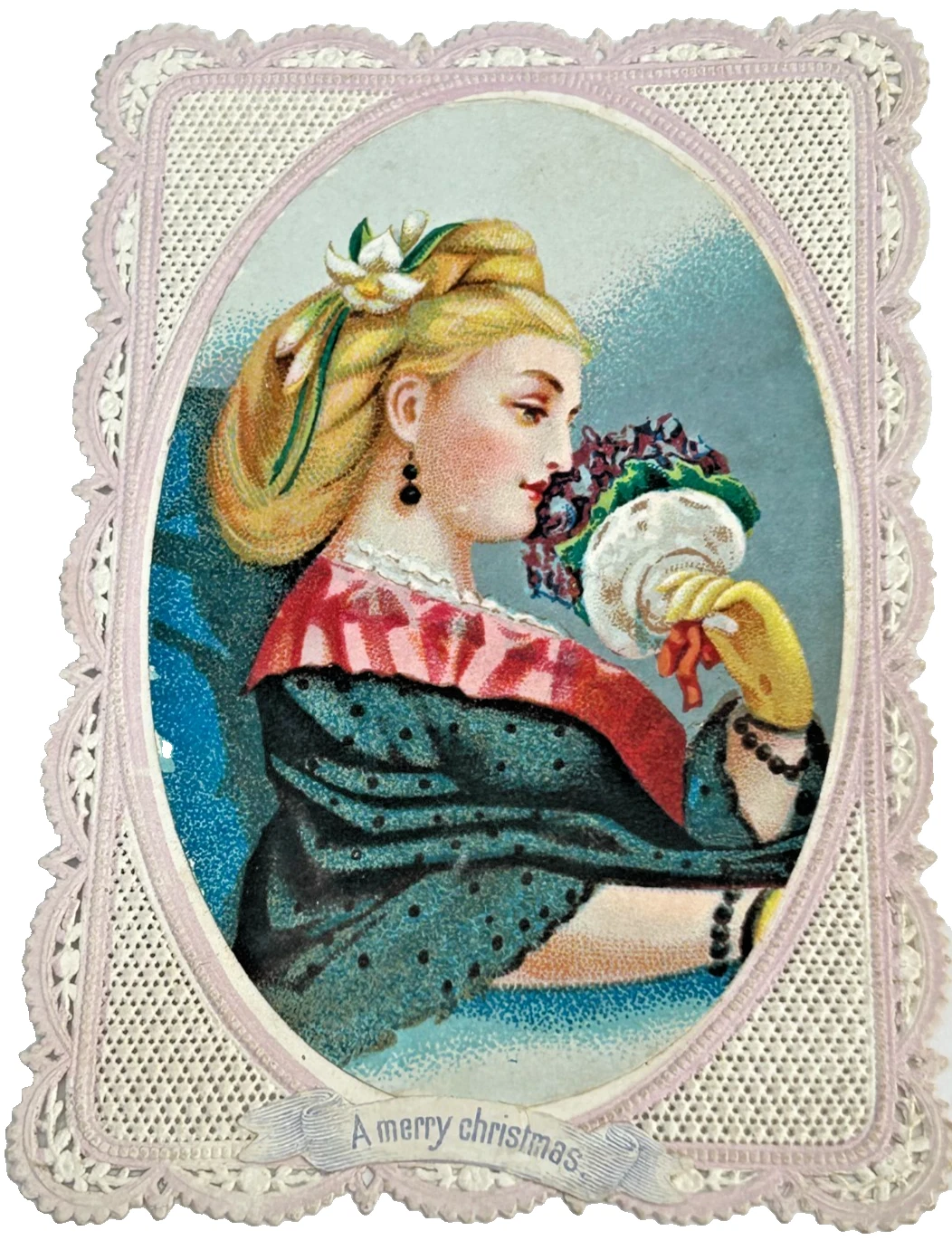 A Victorian Embossed Christmas Card Lady with bouquet of Violets