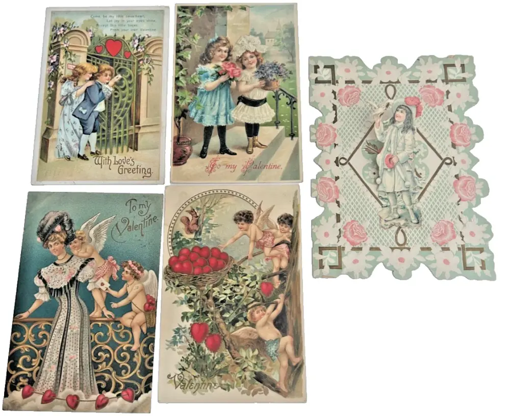 5 Antique Edwardian Valentine cards postmarked 1910 postcards cherubs cupid