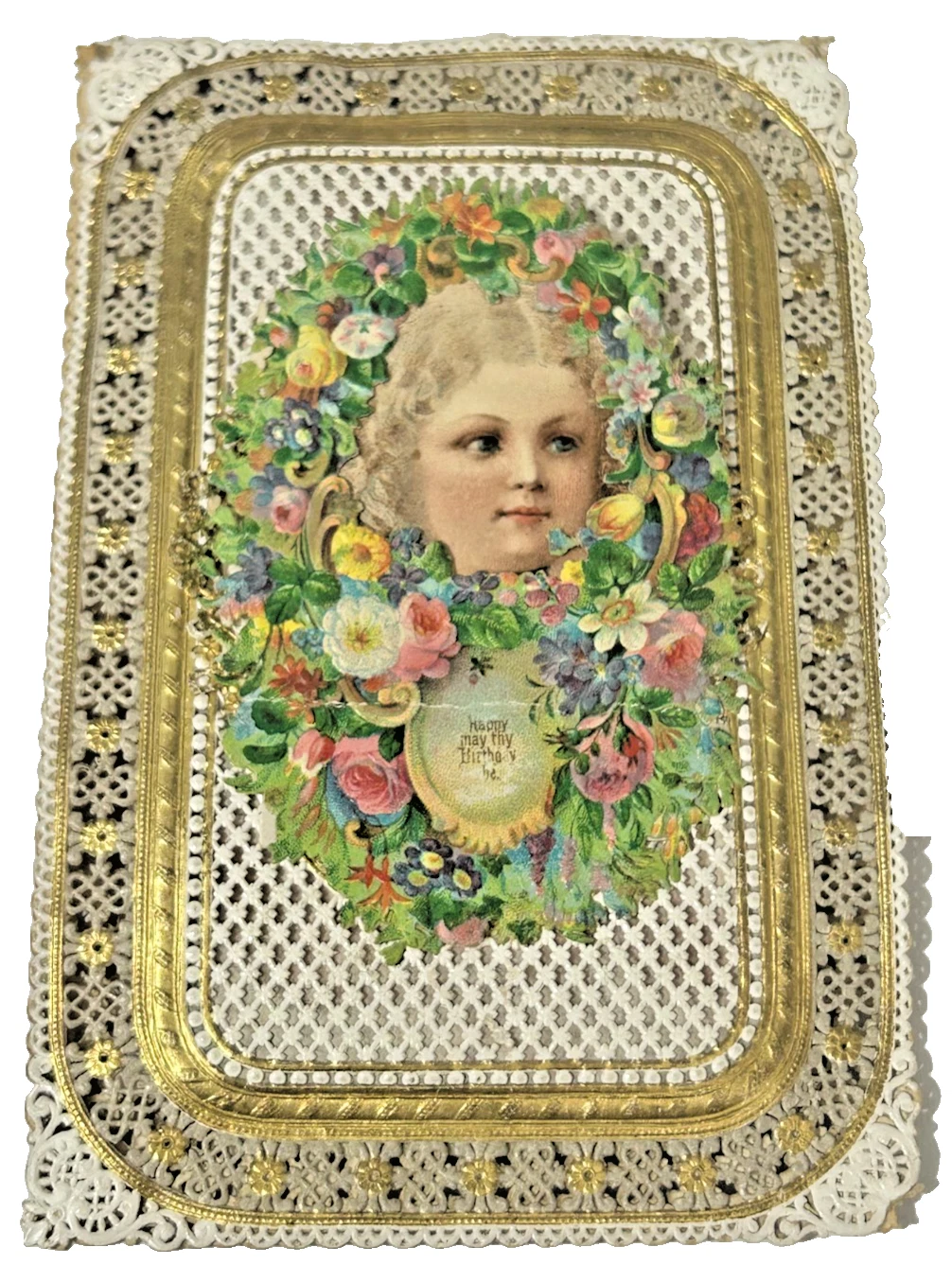 A Victorian Paper Lace gold embossed antique Christmas card Poem Verse