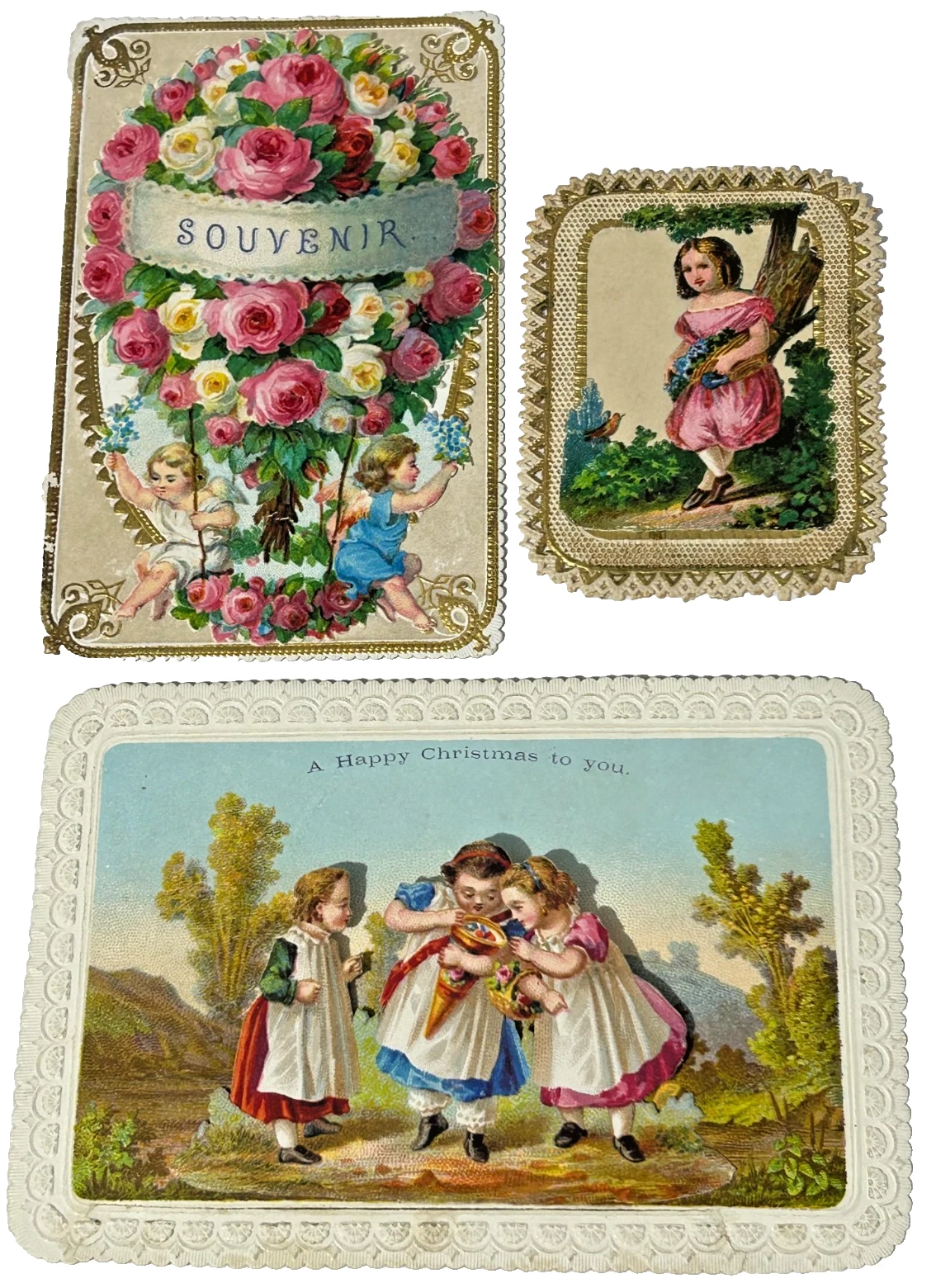 Victorian Paper Lace Gold Embellishment Victorian Christmas Card x 3 cherub