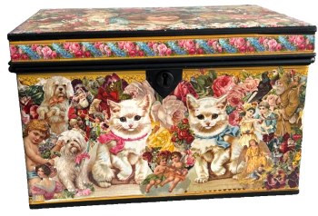 An Antique metal deed box decoupaged decorated with Victorian style lithographs