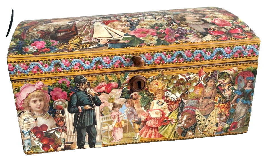 Antique wooden dome top keepsake box decoupaged with Victorian style lithog