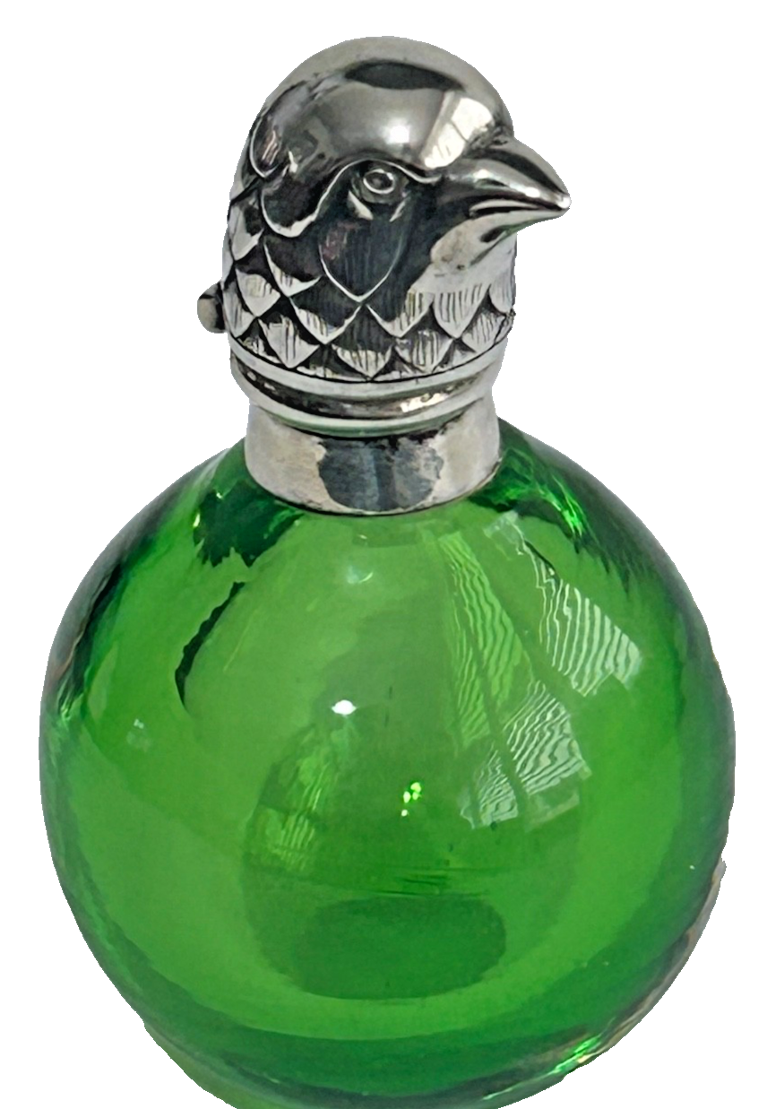 A Antique or Vintage ? perfume scent bottle green glass sterling silver bir