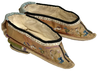 A pair of Antique tiny Chinese Embroidered silk bound foot feet lotus shoes flowers floral