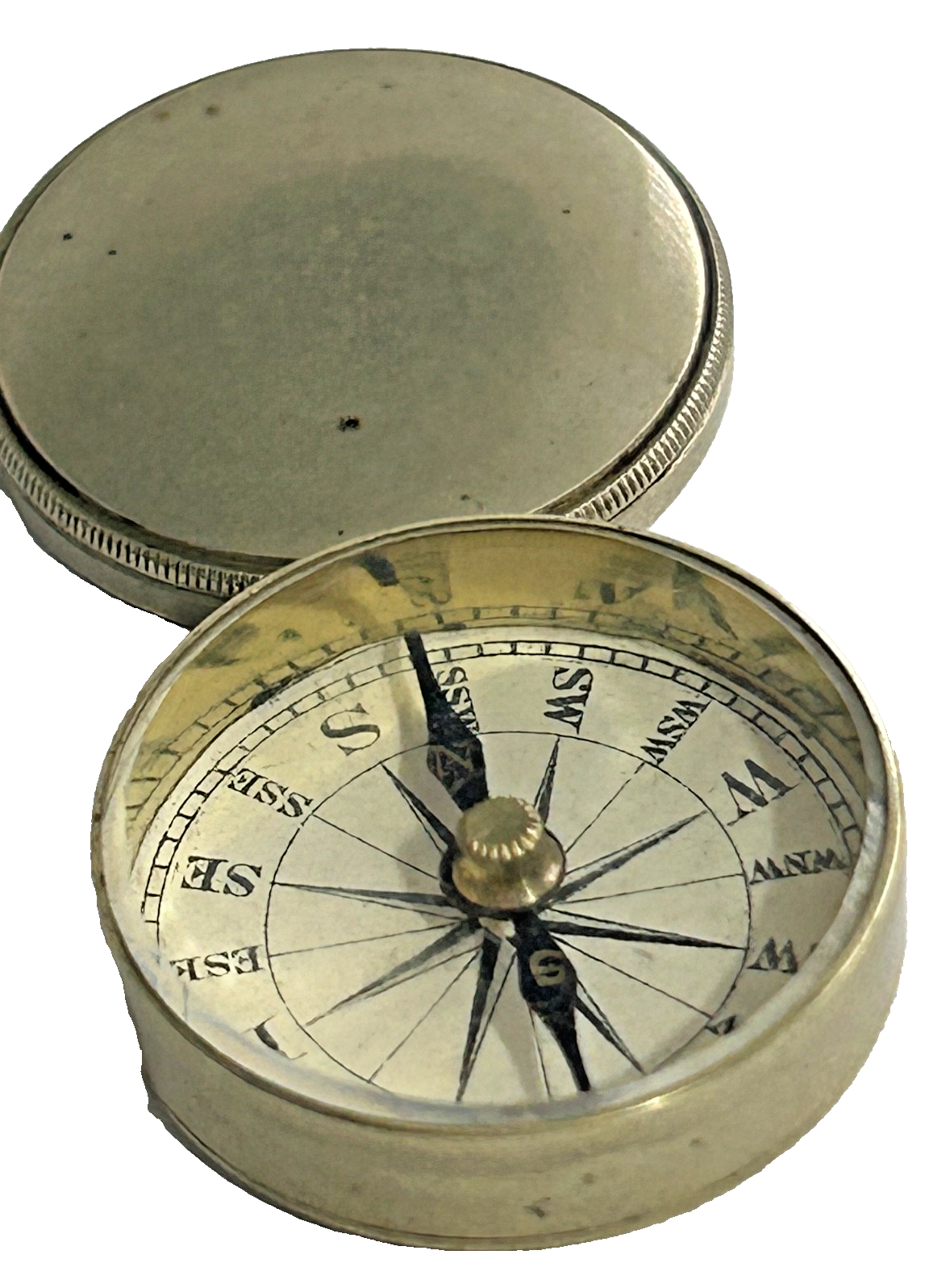 Antique miniature pocket compass blue blued and gold needle