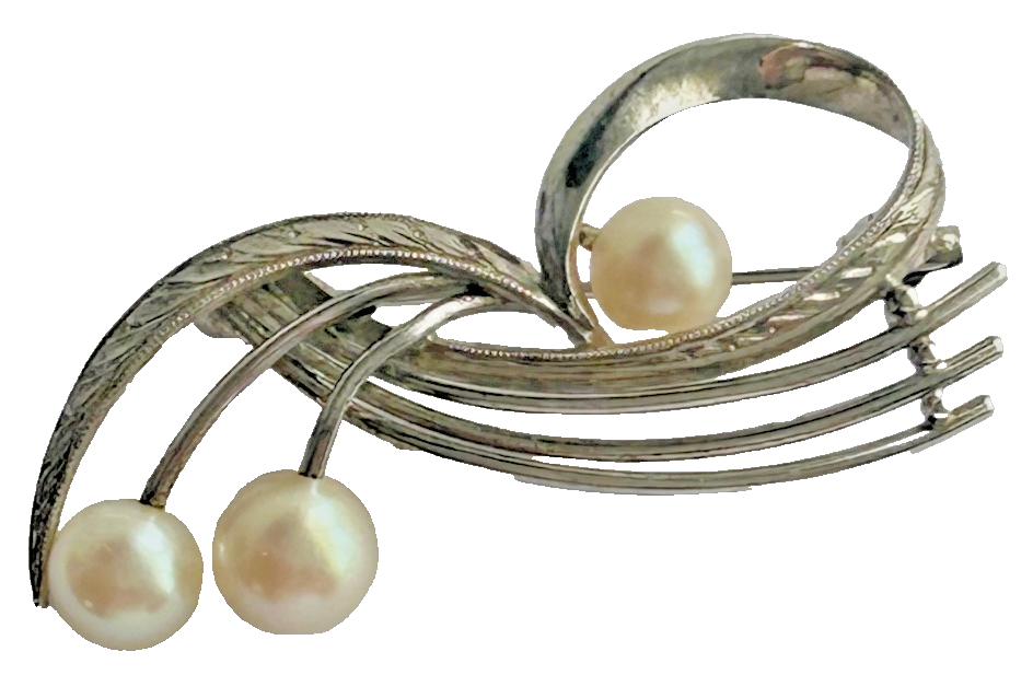 Vintage Sterling Silver Cultured pearl pearls brooch pin Mikimoto 1950s