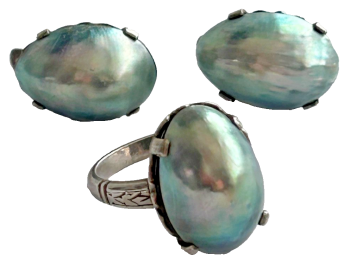 Vintage Retro Ring Earrings Blue Grey Split Pearl Sterling Silver