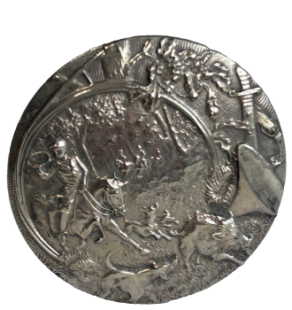 Antique long Edwardian hat pin hunting scene in relief sterling silver french