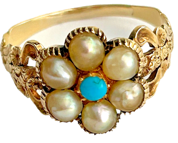 An antique ornate Georgian or early Victorian daisy pearl turquoise gold ring