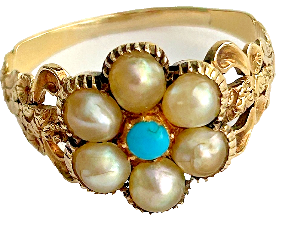 An antique ornate Georgian or early Victorian daisy pearl turquoise gold ri