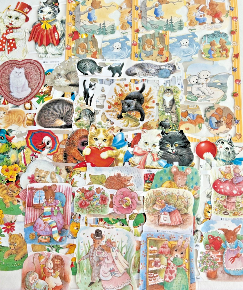 Decoupage lithograph Vintage style Paper scraps x 10 sheets cats & anamorph