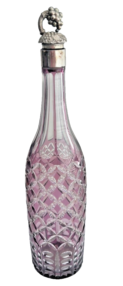 Antique cut overlay purple glass decanter silver plate plated grapes stoppe