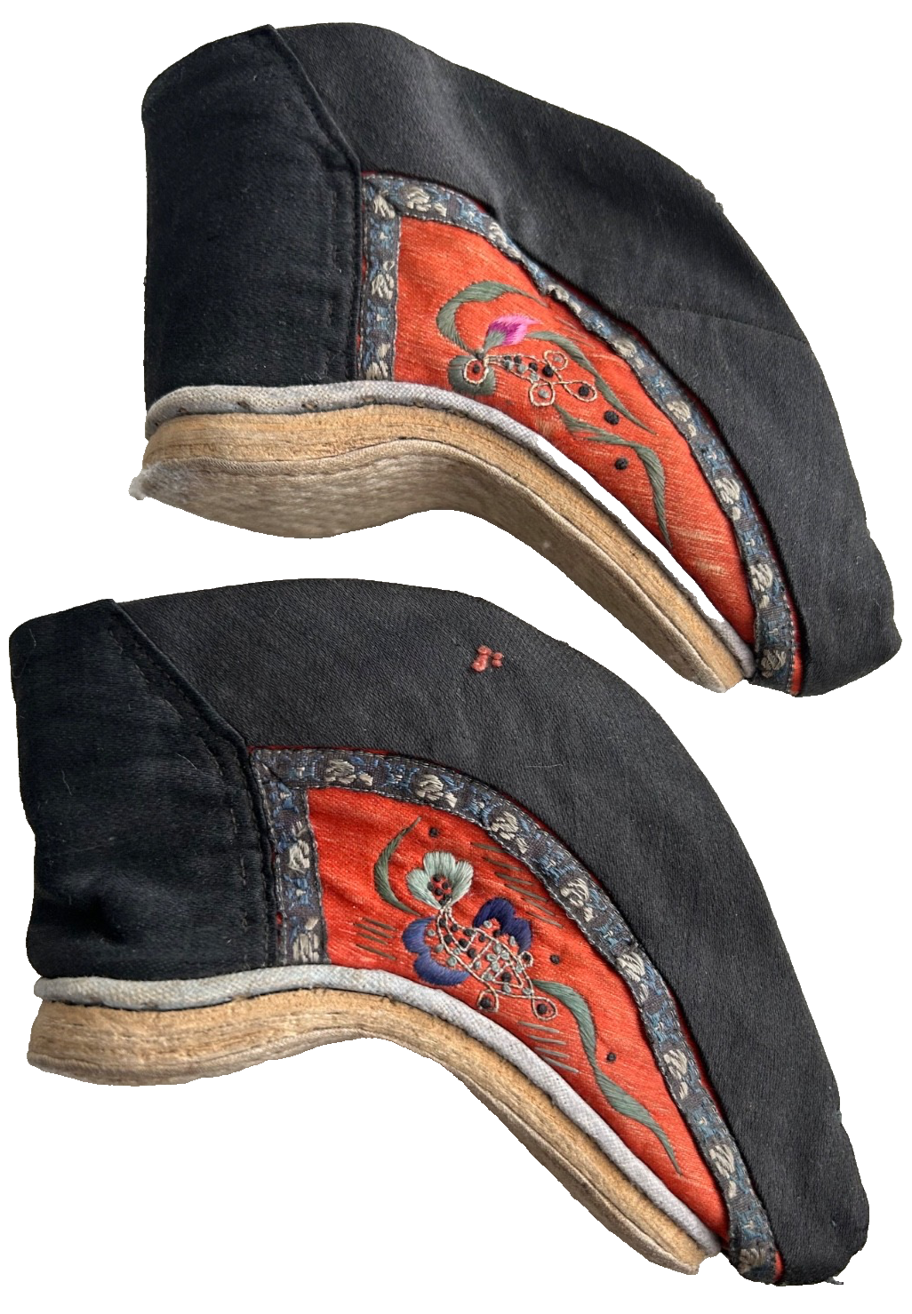 A pair of Antique Chinese Embroidered silk bound foot feet lotus shoes Quin