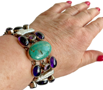Chunky Sterling silver bracelet cabochon amethyst turquoise mother of pearl 925