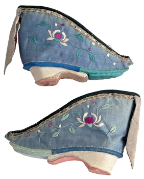 A pair of Antique tiny 19th Century embroidered Chinese Lotus Shoes Bound foot feet