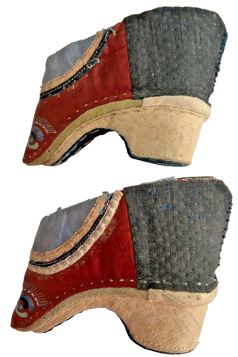 A pair of Antique quing 19th Century embroidered Chinese Lotus Shoes Bound 