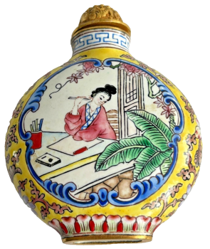 Antique Qing Dynasty enamelled yellow snuff scent bottle gilded top