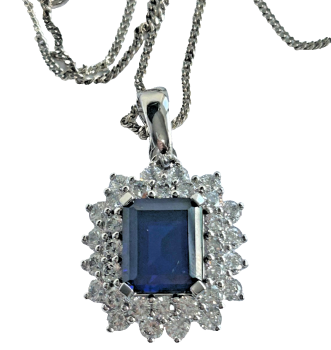 Sterling silver sapphire blue white CZ sterling silver pendent chain necklace