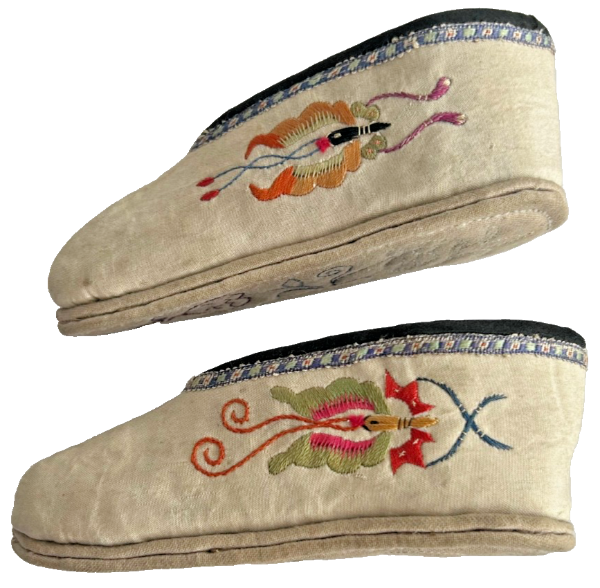 A pair of Antique Chinese Embroidered silk bound foot feet lotus shoes Qing