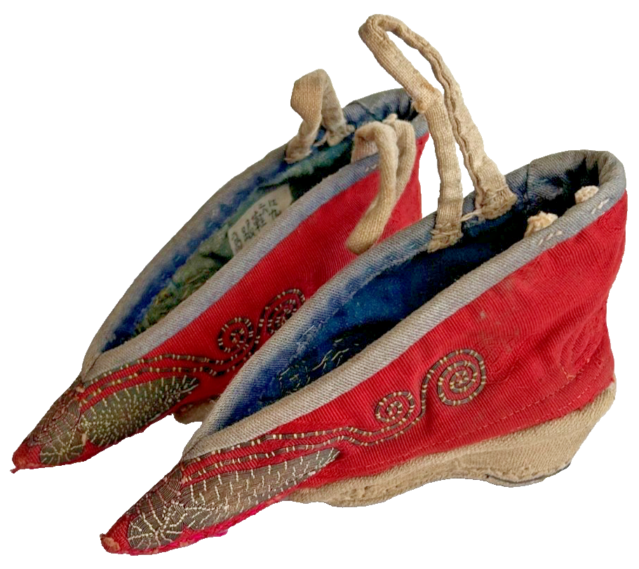 A pair of Antique Chinese Embroidered butterfly bound foot feet lotus shoes