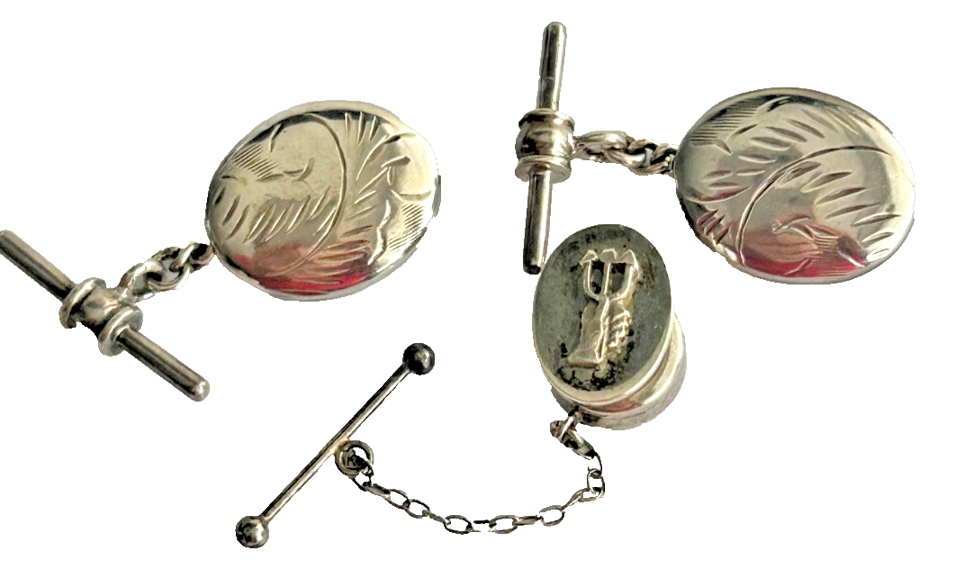 Vintage sterling silver cuff links & Lapel pin Delphic Tripod symbol