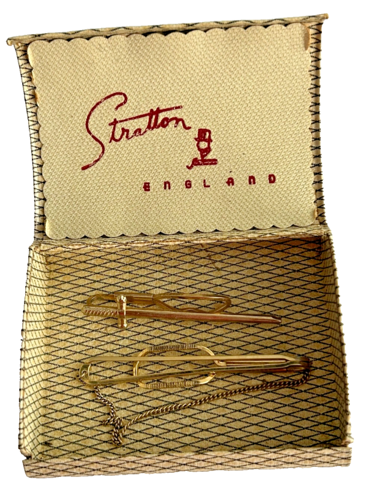 Vintage retro Stratton tie pin cuff link jewellery display box with 2 tie p