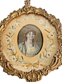 A Antique Georgian silk ribbon work embroidered gilded picture frame print