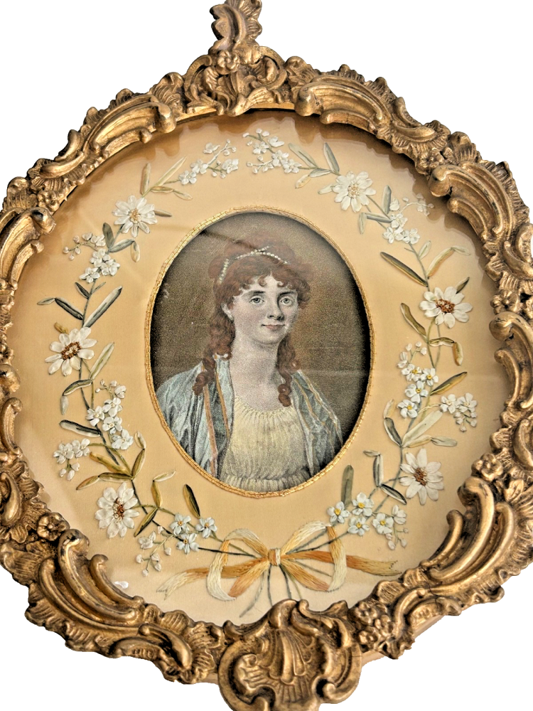 A Antique Georgian silk ribbon work embroidered gilded picture frame print