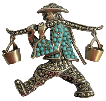 A Vintage sterling silver gilt marcasite novelty brooch pin Chinese Man
