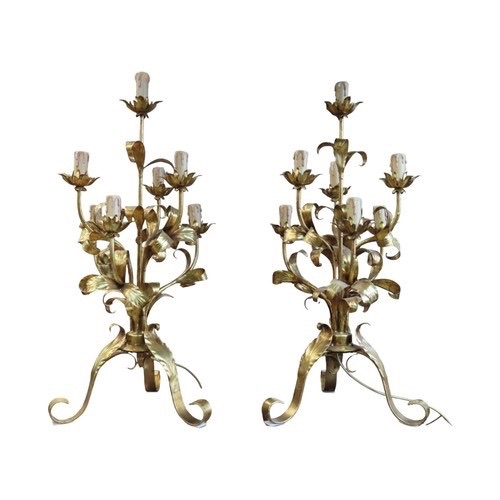 Antique style scrolled gold gilded metal Italian look pair of lamps pat tes