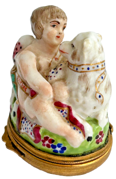 Antique 19th century Samson Paris Bonbonniere cherub lamb cachou or tobacco