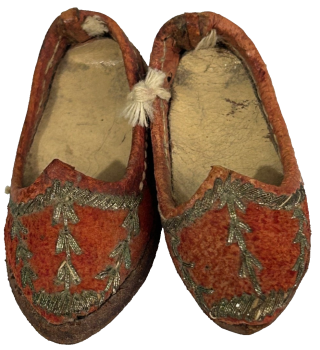 Antique Chinese shoes embroidered slippers leather gold thread miniature