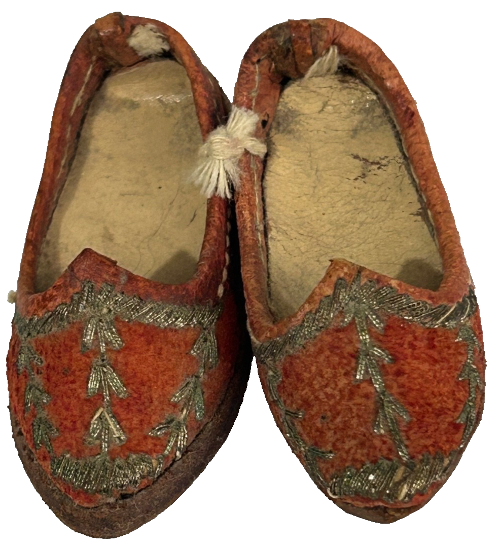 Antique Chinese shoes embroidered slippers leather gold thread miniature