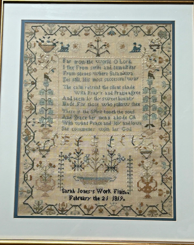 Antique 19th century Georgian needlepoint sampler by Sarah Jones C1819