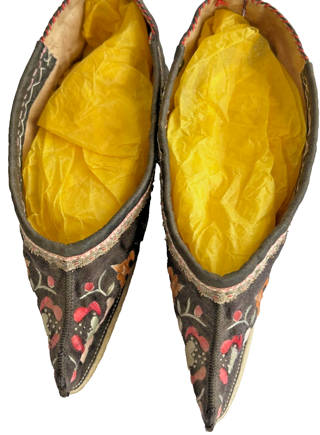 A Antique pair of tiny little Chinese bound foot feet Lotus shoes embroider