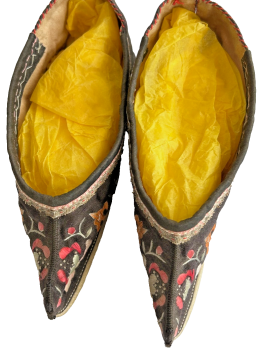 A Antique pair of tiny little Chinese bound foot feet Lotus shoes embroidered flowers