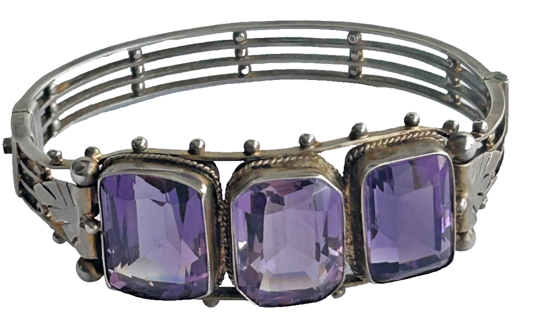 A Antique Victorian sterling silver Amethyst Aesthetic Movement hinged bang
